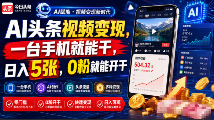 AI头条视频变现，一台手机就能干，日入5张，0粉就能开干-WE智谷