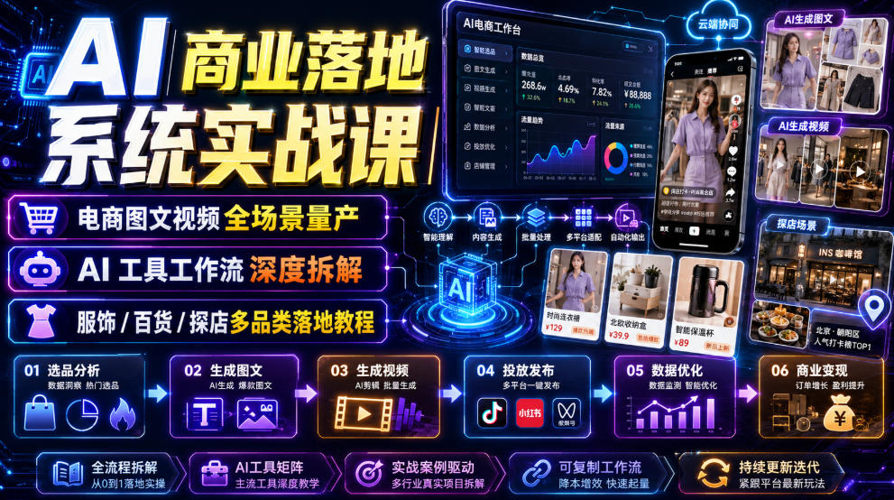 AI商业落地系统实战课｜电商图文视频全场景量产・AI工具工作流深度拆解・服饰/百货/探店多品类落地教程-WE智谷