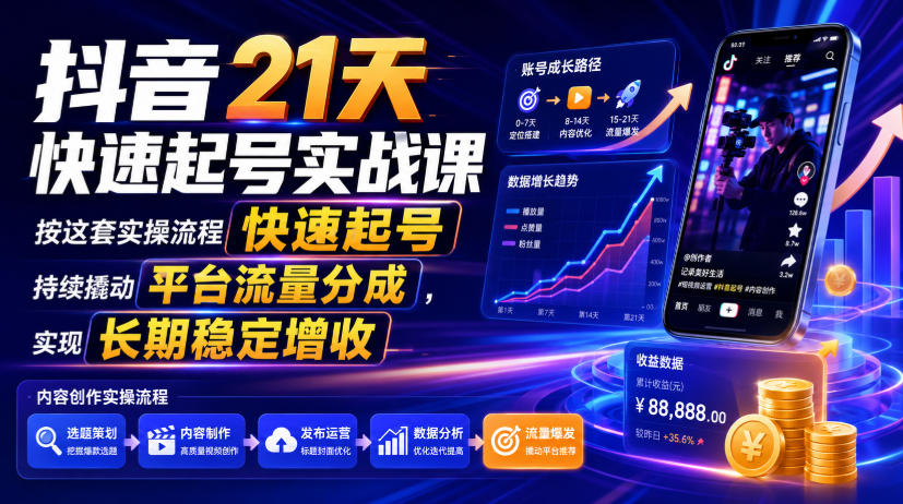 抖音21天快速起号实战课,按这套实操流程快速起号,持续撬动平台流量分成,实现长期稳定增收-WE智谷