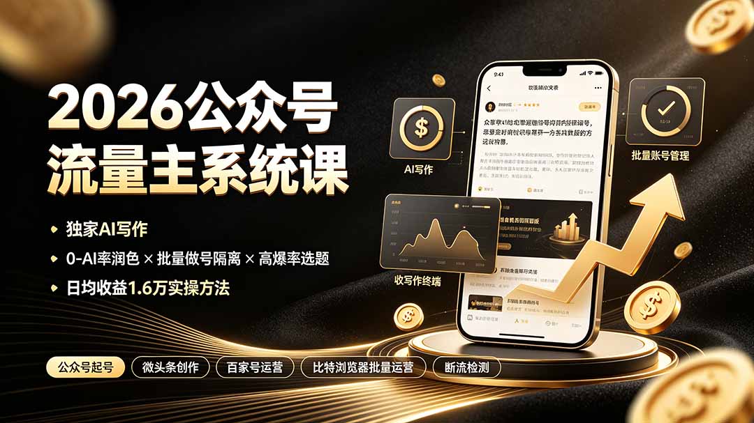 2026公众号流量主系统课：独家AI写作×0-AI率润色×批量做号隔离×高爆率选题，日均收益1.6万实操方法-WE智谷