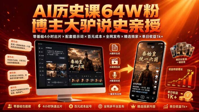AI历史课64W粉博主大驴说史亲授：零基础4小时出片×配套提示词×百元成本×全网发布×精选独家×单日收益1k+-WE智谷