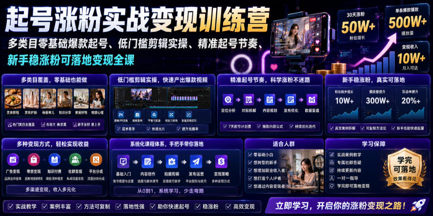 苗子起号涨粉实战变现训练营,多类目零基础爆款起号、精准起号节奏、新手稳涨粉可落地变现全课(更新0719)-WE智谷