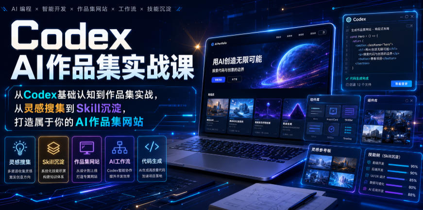 Codex AI作品集实战课,从Codex基础认知到作品集实战,从灵感搜集到Skill沉淀,打造属于你的AI作品集网站-WE智谷