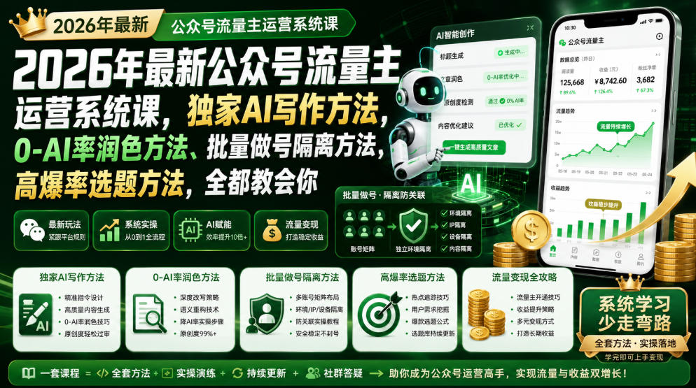 2026年最新公众号流量主运营系统课，独家AI写作方法，0-AI率润色方法、批量做号隔离方法、高爆率选题方法，全都教会你-WE智谷
