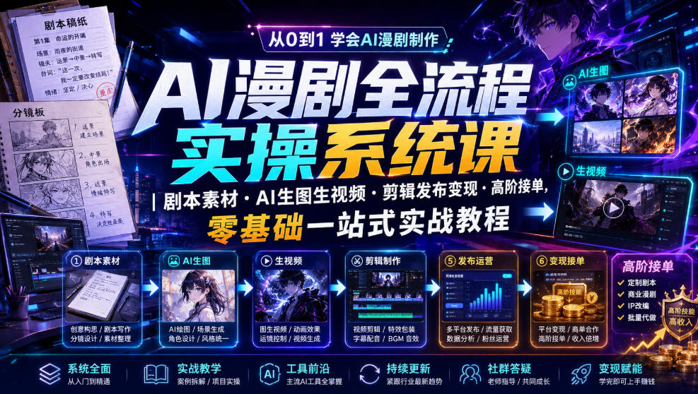 AI漫剧全流程实操系统课|剧本素材・AI生图生视频・剪辑发布变现・高阶接单,零基础一站式实战教程-WE智谷