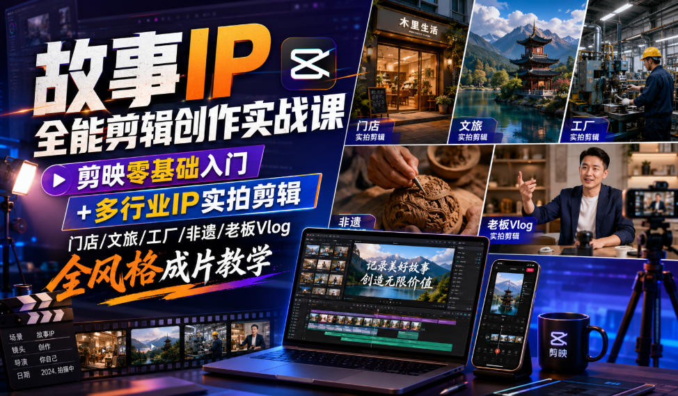 故事IP全能剪辑创作实战课｜剪映零基础入门+多行业IP实拍剪辑，门店/文旅/工厂/非遗/老板Vlog全风格成片教学-WE智谷