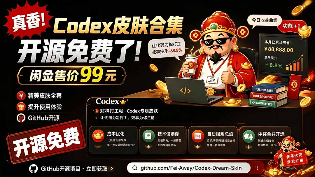 闲鱼售卖99元的Codex皮肤包,GitHub 免费开源了!让你的codex变成精美界面 Codex Dream Skin-WE智谷