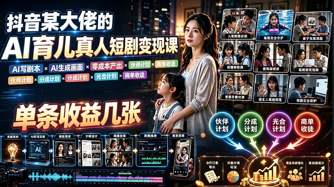 AI育儿真人短剧变现课:AI写剧本×AI生成画面×零成本产出×伙伴计划×分成计划×光合计划×商单收徒-WE智谷