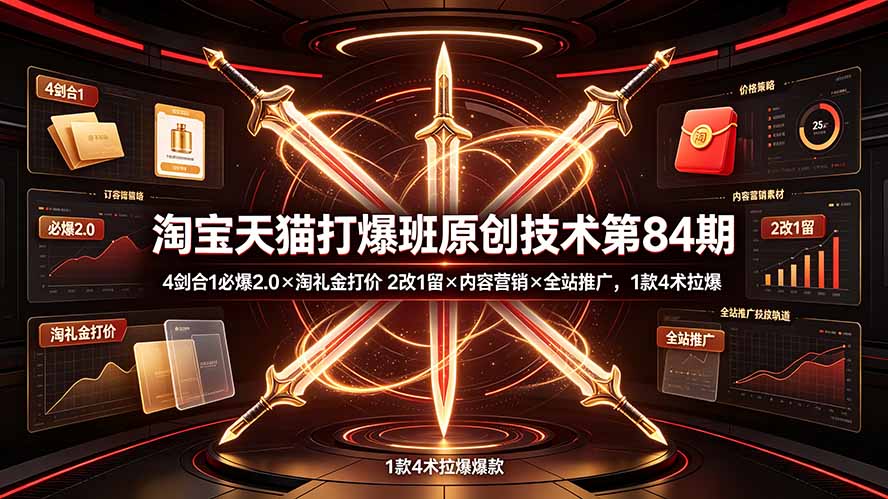 淘宝天猫打爆班原创技术第84期:4剑合1必爆2.0×淘礼金打价×2改1留×内容营销×全站推广,1款4术拉爆-WE智谷